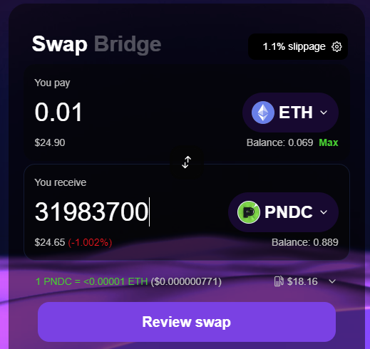 Showing how to swap ETH to $PNDC