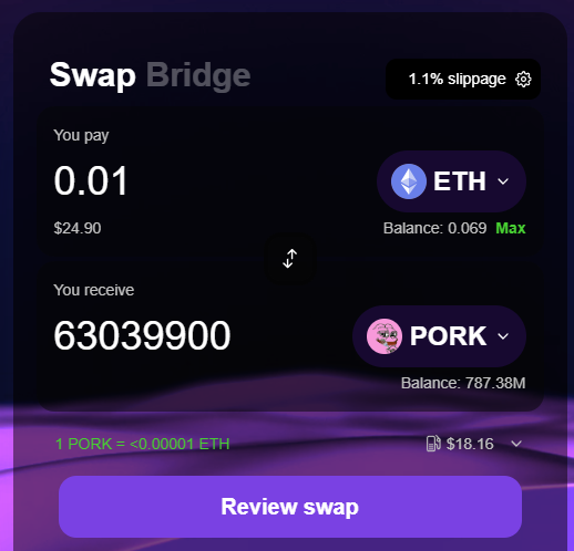 Showing where to swap ETH to $PORK